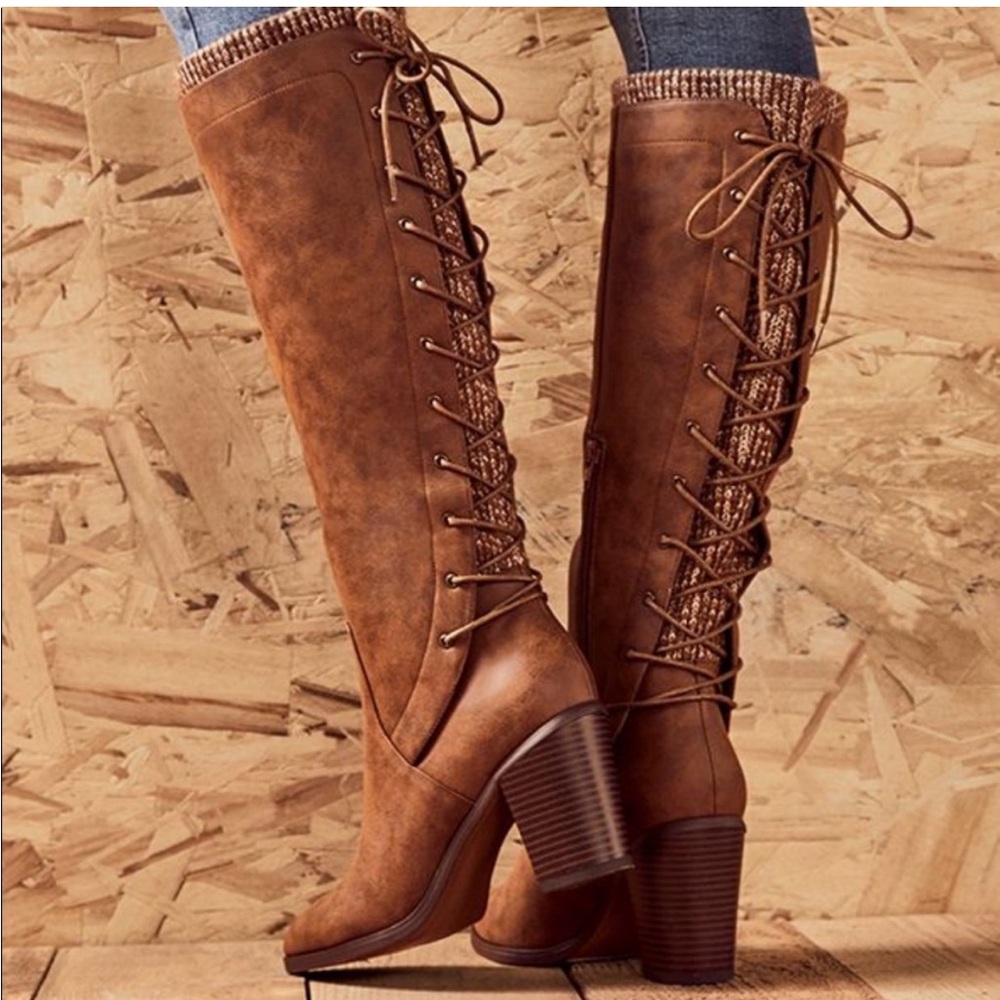 Brown Lace-Up Knee-High Boots